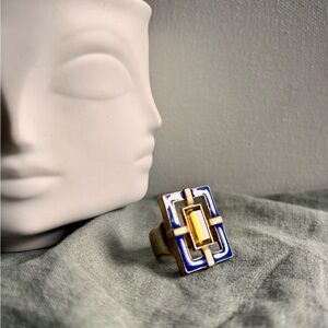 Geometric Blue Enamel & Gold Statement Ring